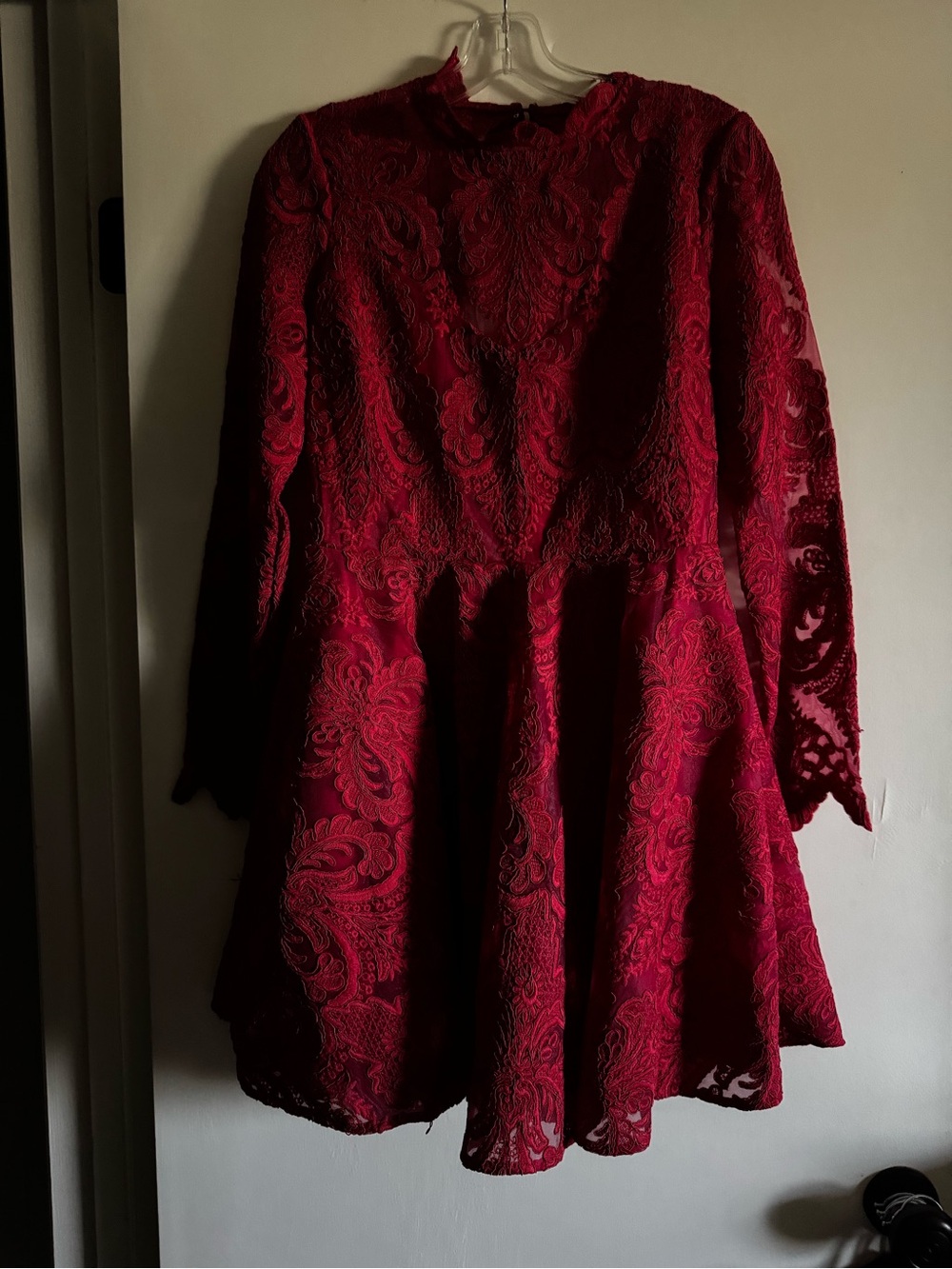 Saylor Red Lace Fit & Flare Dress - Elegant Long Sleeve